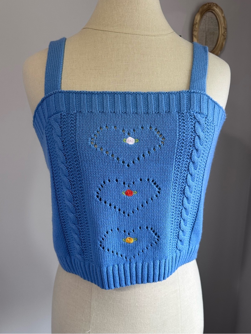 525 America Blue Knit Square-Neck Tank with Floral Embroidery